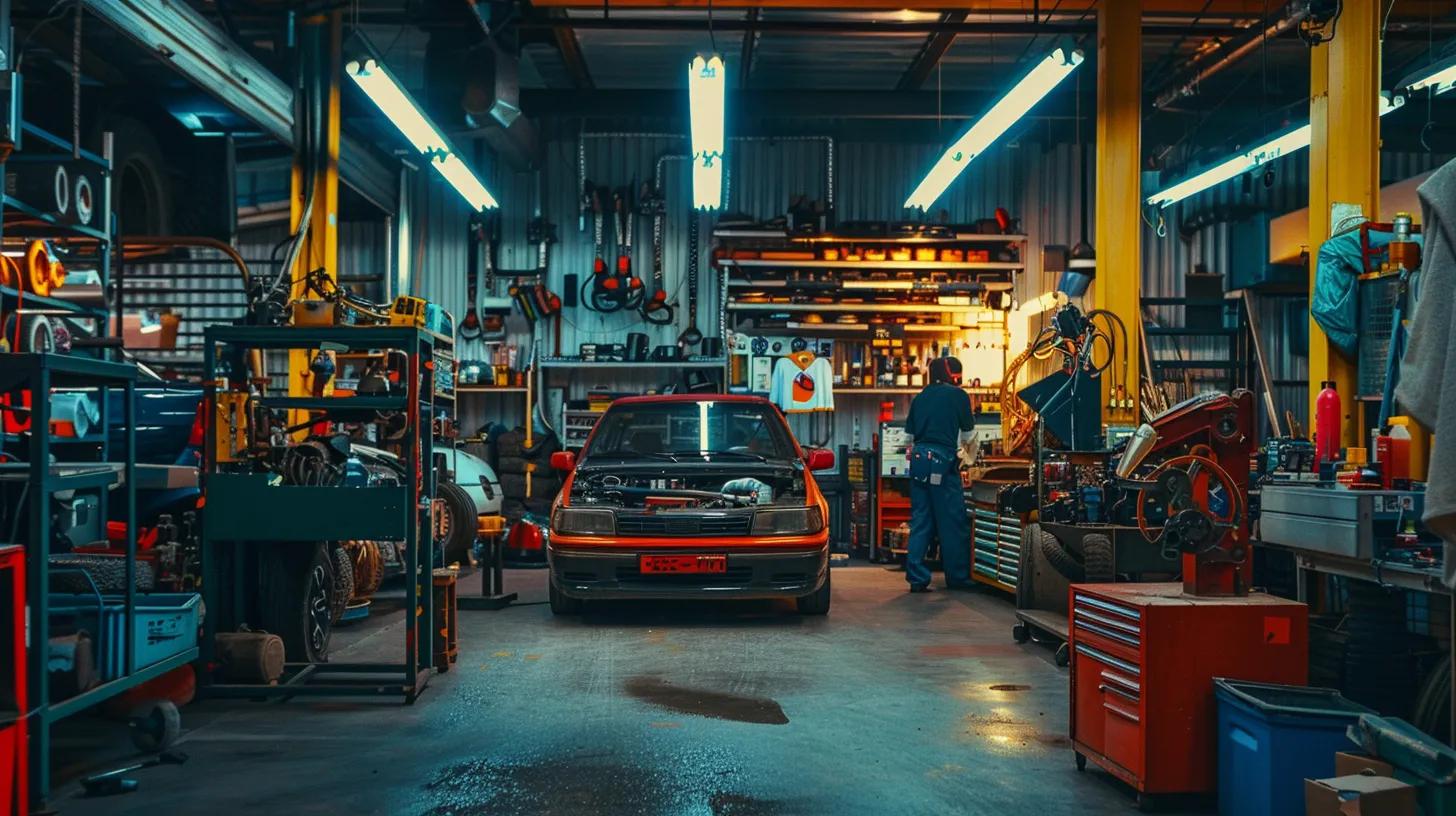 a vibrant automotive repair shop bustling with cheerful families inspecting their cars alongside friendly technicians, showcasing the meticulous attention given to exhaust system repairs that enhance vehicle efficiency and performance.