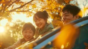 a vibrant family gathered around their gleaming, well-maintained car, all smiling joyfully under the warm sunlight, symbolizing the importance of regular vehicle care and coolant maintenance.