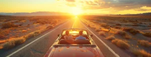 a vibrant scene captures a joyful family cruising down an open american highway in a vintage convertible, with the sun setting in the background, casting a golden glow over the picturesque landscape.