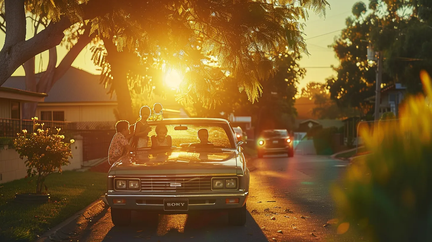 a vibrant scene captures a joyful american family gathered around their shiny car, radiating happiness in the warm glow of a golden sunset, with lush greenery framing the backdrop.