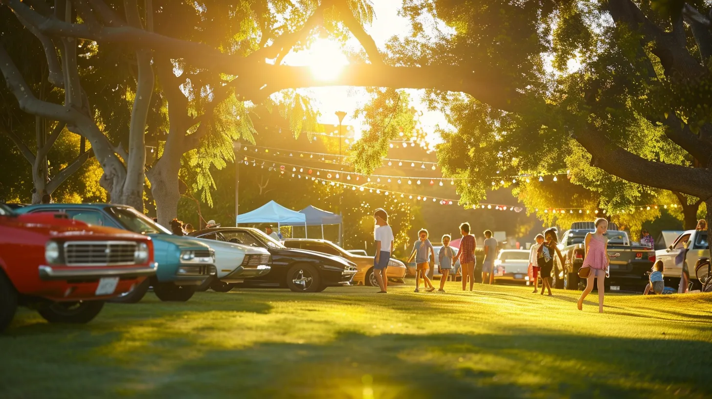 a vibrant scene captures joyful american families gathered around their shiny cars in a sunlit park, exuding a sense of camaraderie and celebration.