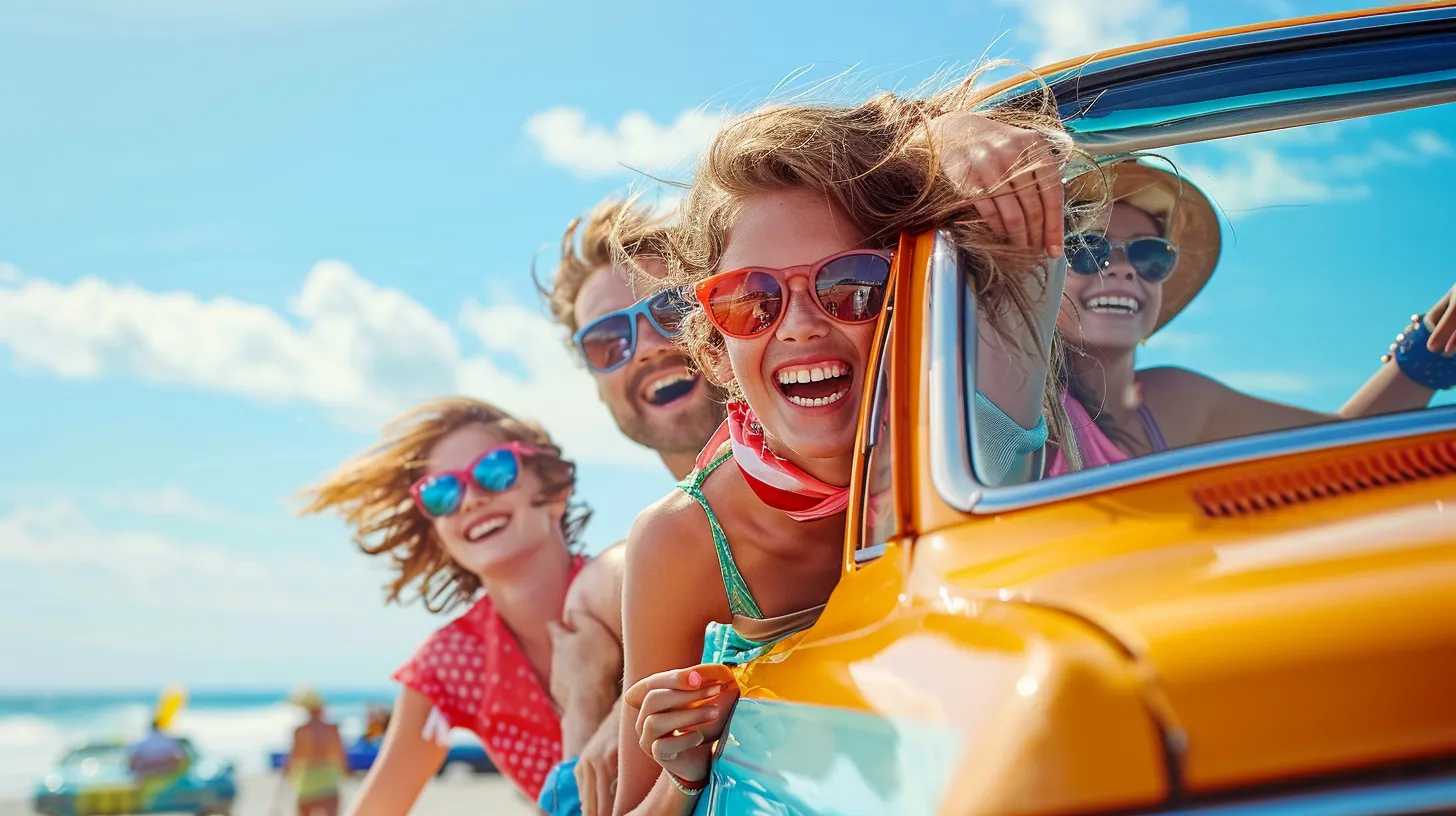 a vibrant scene captures joyful american families laughing together beside their colorful cars, set against a bright blue sky that highlights their shared moments of happiness and adventure.