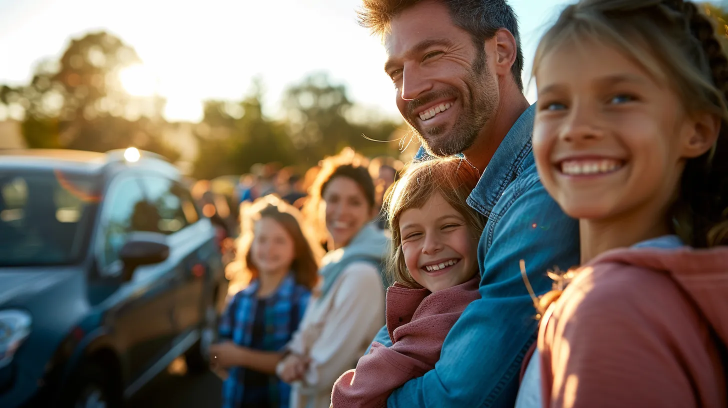 a vibrant scene captures joyful american families gathered together, smiling in front of their shiny cars under a bright blue sky, radiating warmth and togetherness.