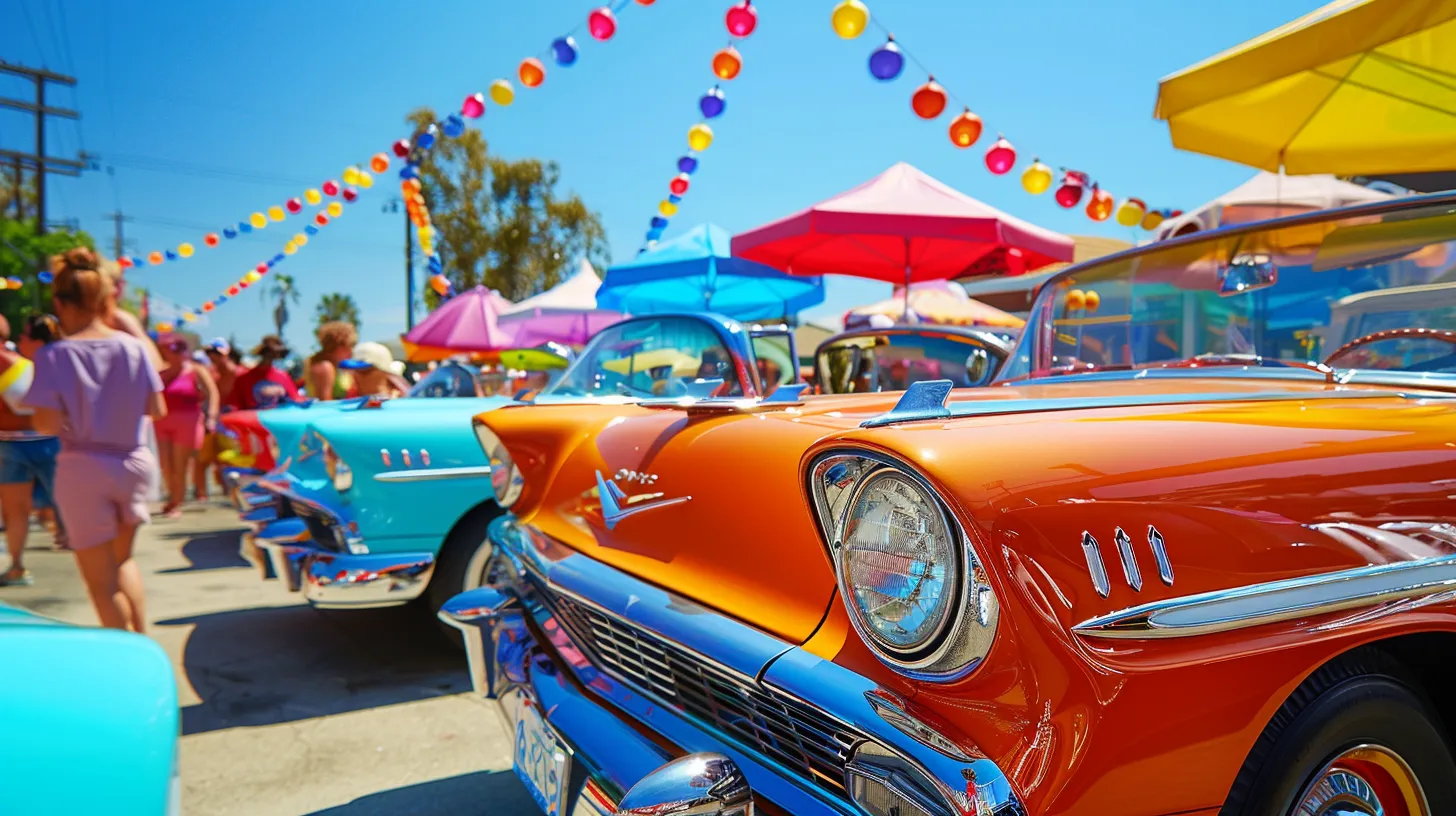 a vibrant scene captures joyful american families gathered around their colorful cars, radiating happiness under a bright blue sky, embodying the spirit of unity and adventure.