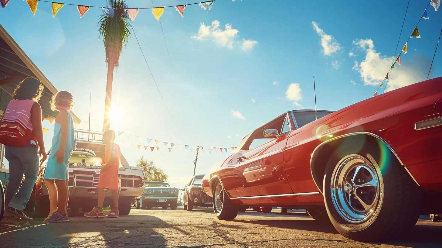 a vibrant scene capturing joyful american families gathered around their gleaming cars under a bright blue sky, radiating happiness and togetherness.