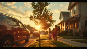 a vibrant scene capturing joyful american families posing proudly beside their gleaming cars against a sunlit suburban backdrop.