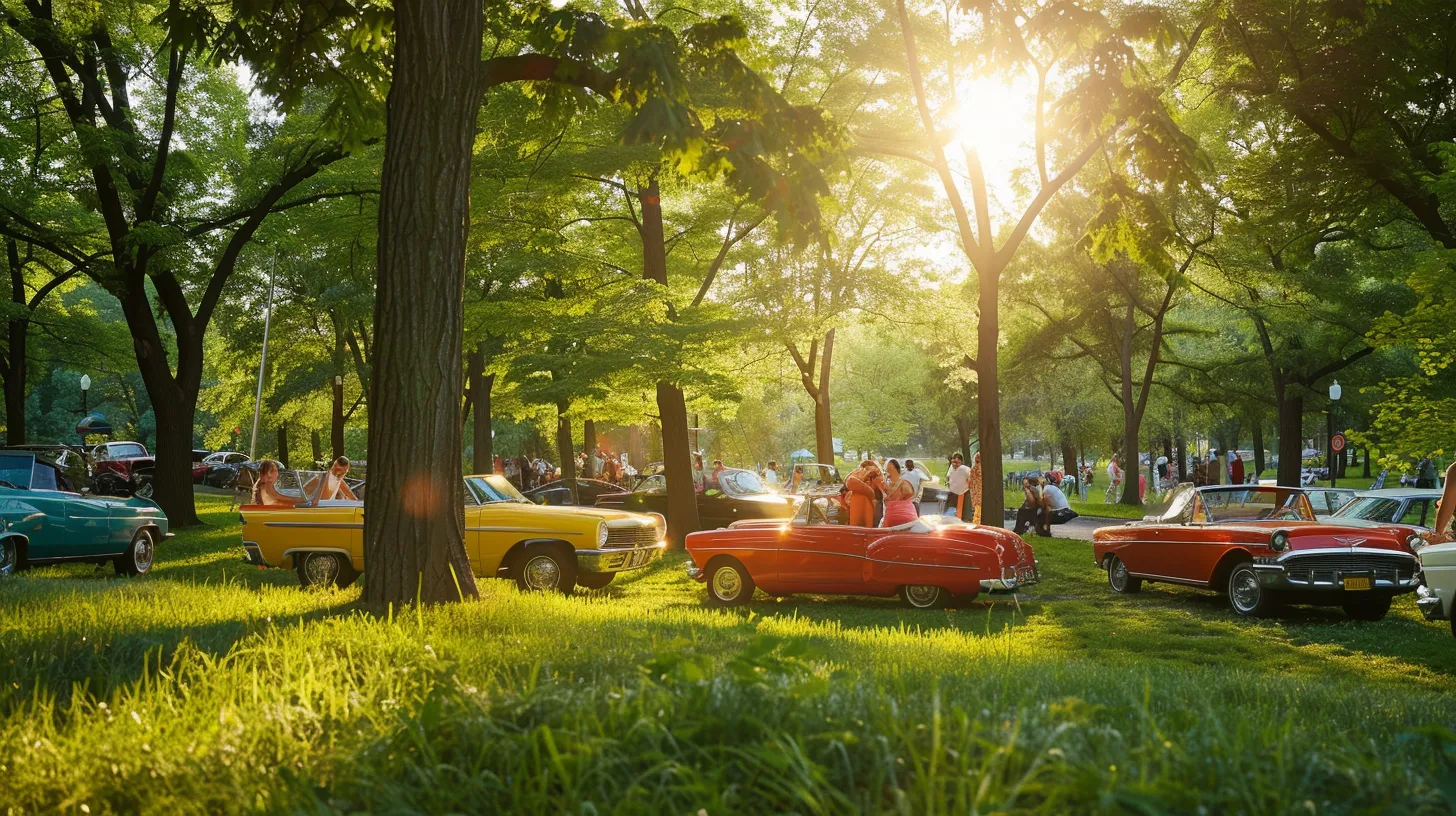 a vibrant scene capturing joyful american families gathered around their colorful cars in a sunlit park, exuding warmth and togetherness against a backdrop of lush greenery.