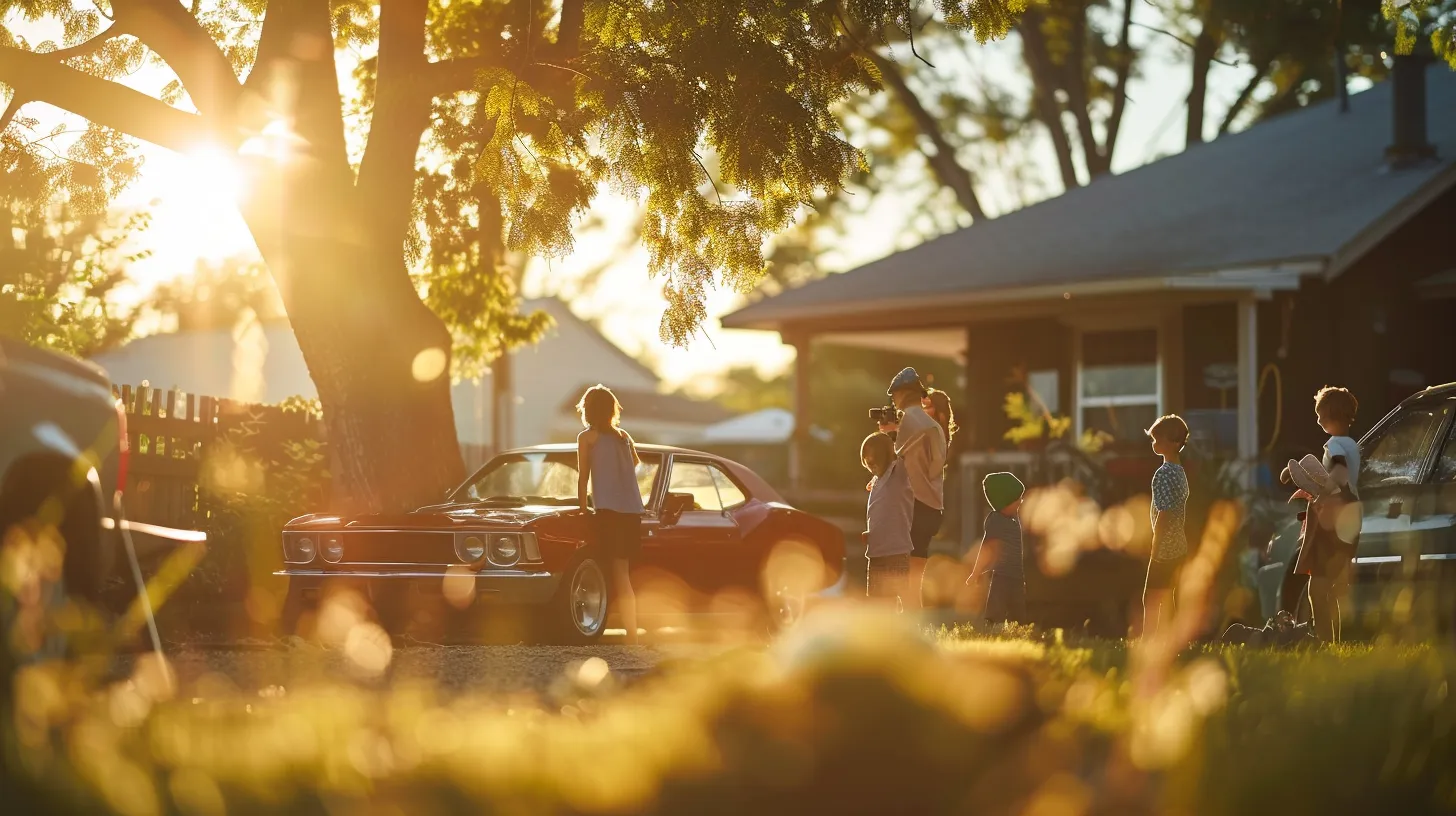 a vibrant scene capturing joyful american families gathered around their gleaming cars, set against a sunny backdrop, radiating warmth and camaraderie.