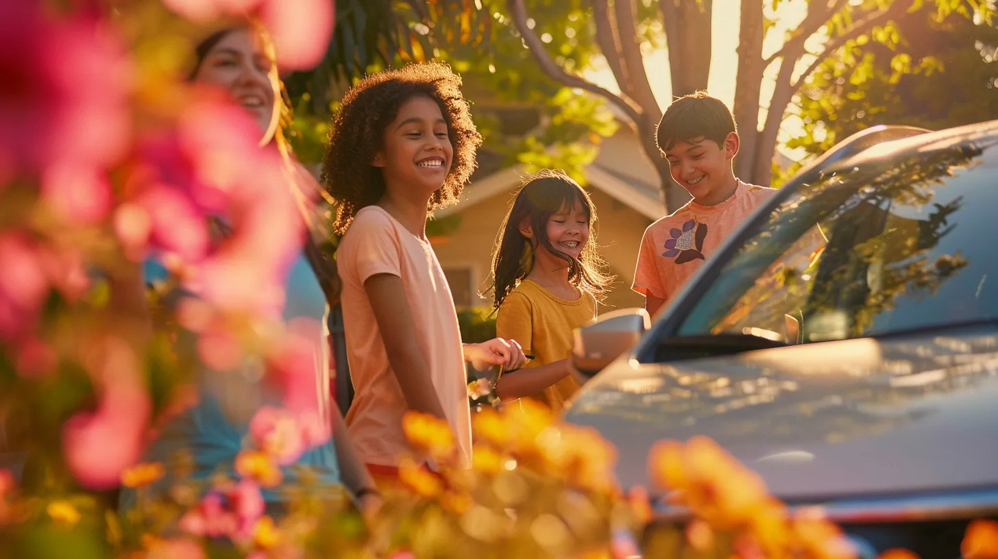 a vibrant scene capturing joyful american families gathered around their cars on a sunny day, with bright smiles and relaxed postures, set against a backdrop of blooming nature.