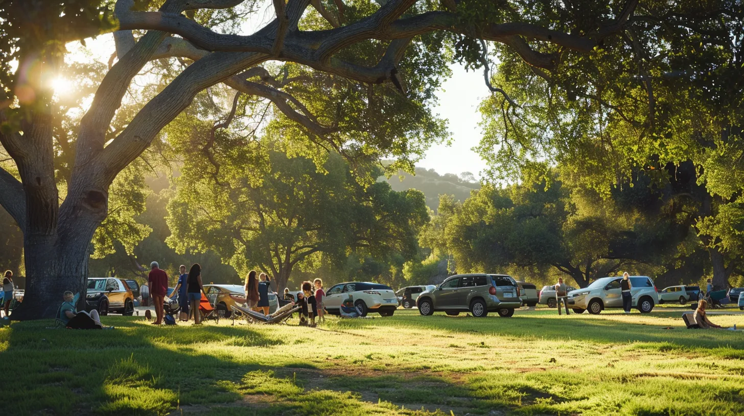 a vibrant scene capturing joyful american families gathered around their cars in a sunlit park, exuding warmth and happiness against a backdrop of lush greenery and a clear blue sky.