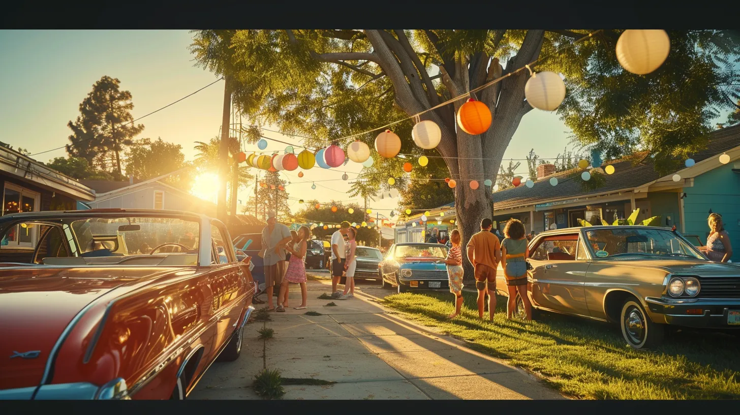 a vibrant scene filled with joyful american families gathered around their gleaming cars under a clear blue sky, radiating warmth and happiness.