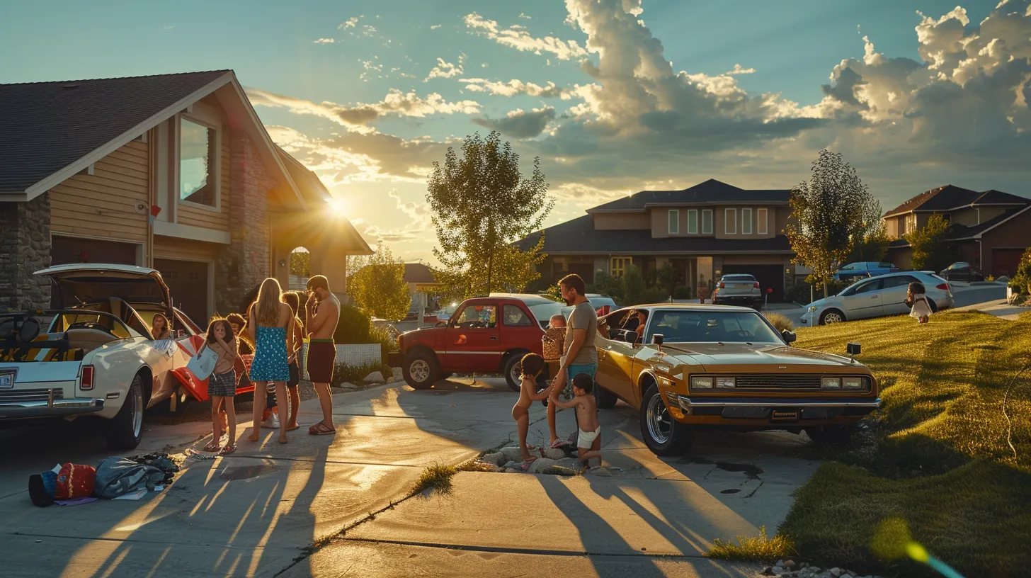 a vibrant scene of joyful american families gathered around their shiny cars under a bright blue sky, exuding warmth and togetherness in a sunlit suburban driveway.