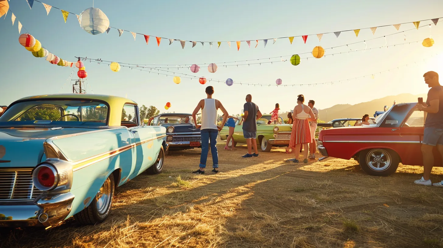 a vibrant scene of joyful american families gathered around their stylish cars under a bright blue sky, radiating warmth and togetherness.