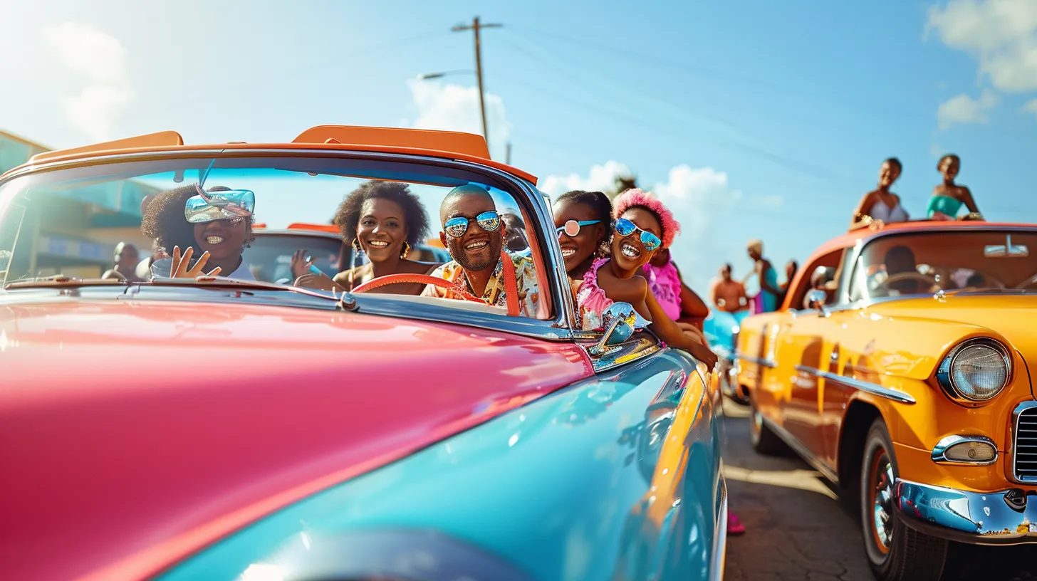 a vibrant scene of joyful american families smiling next to their colorful automobiles under a bright blue sky, exuding warmth and togetherness.