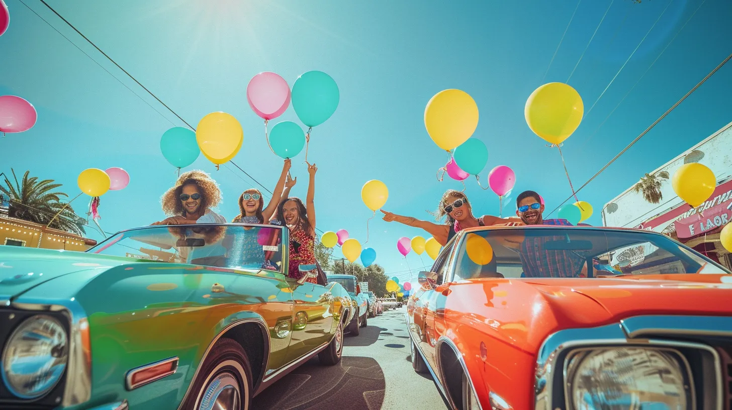 a vibrant scene of joyful american families exuberantly posing with their colorful cars under a bright blue sky, radiating happiness and togetherness.