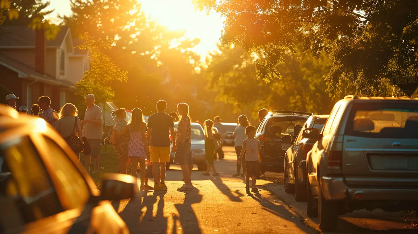 a vibrant scene of joyful american families enthusiastically gathered around their gleaming cars, bathed in warm golden sunlight, exuding a sense of togetherness and adventure.