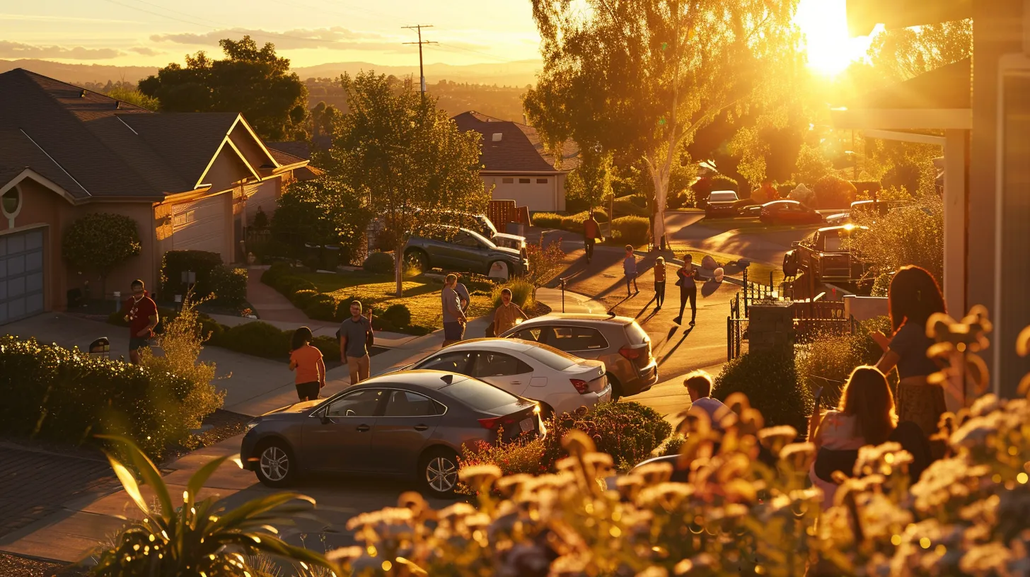 a vibrant suburban scene captures joyful american families gathered around their sparkling cars, basking in the warm glow of a golden sunset, radiating happiness and togetherness.