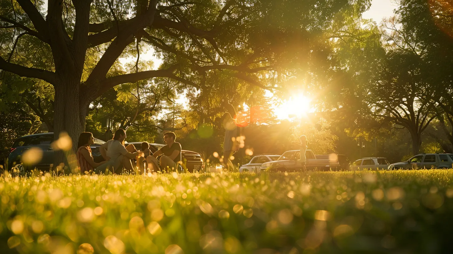 a vibrant, sunlit scene captures a joyous american family gathered around their gleaming car in a picturesque park setting, beaming with happiness and togetherness.