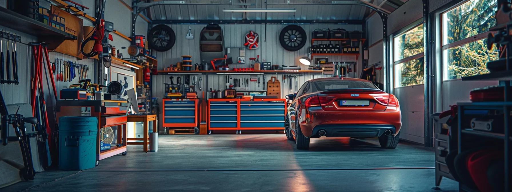 a well-maintained car in a clean, organized garage, with tools and equipment neatly arranged, showcasing the importance of regular vehicle maintenance.