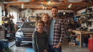 an enthusiastic american family stands beside their car in a bright, modern garage, expressing joy after receiving expert exhaust system repair services, with tools and auto parts artfully arranged in the background.