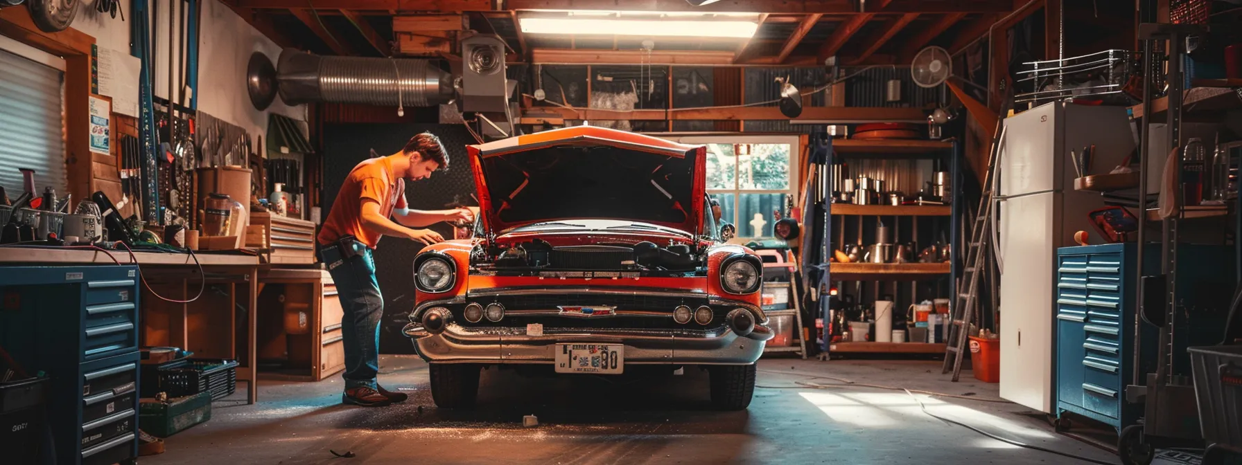 a car enthusiast meticulously cleaning and tuning the engine of a classic car in a well-organized home garage.