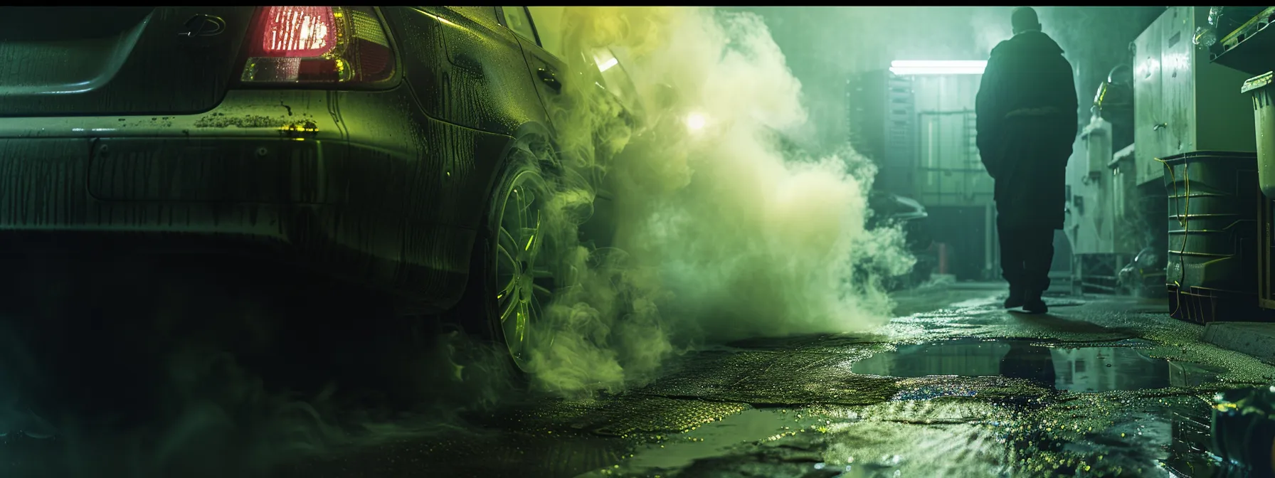 a car mechanic inspecting a heater vent, surrounded by a pungent cloud of smoke and a suspicious green liquid dripping down.