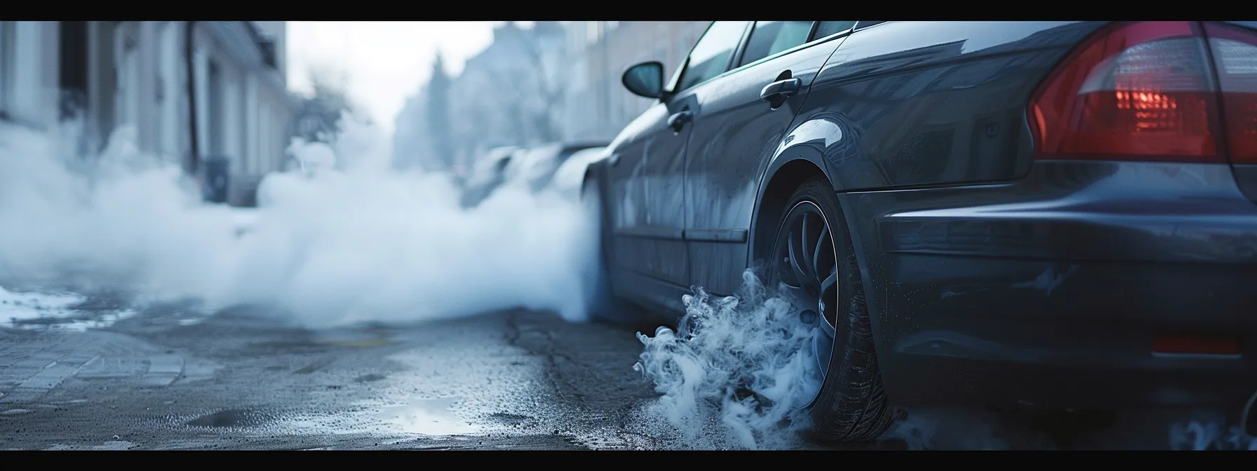 a car parked on the side of the road, with smoke coming from the overheated brakes, a driver anxiously looks at the situation.