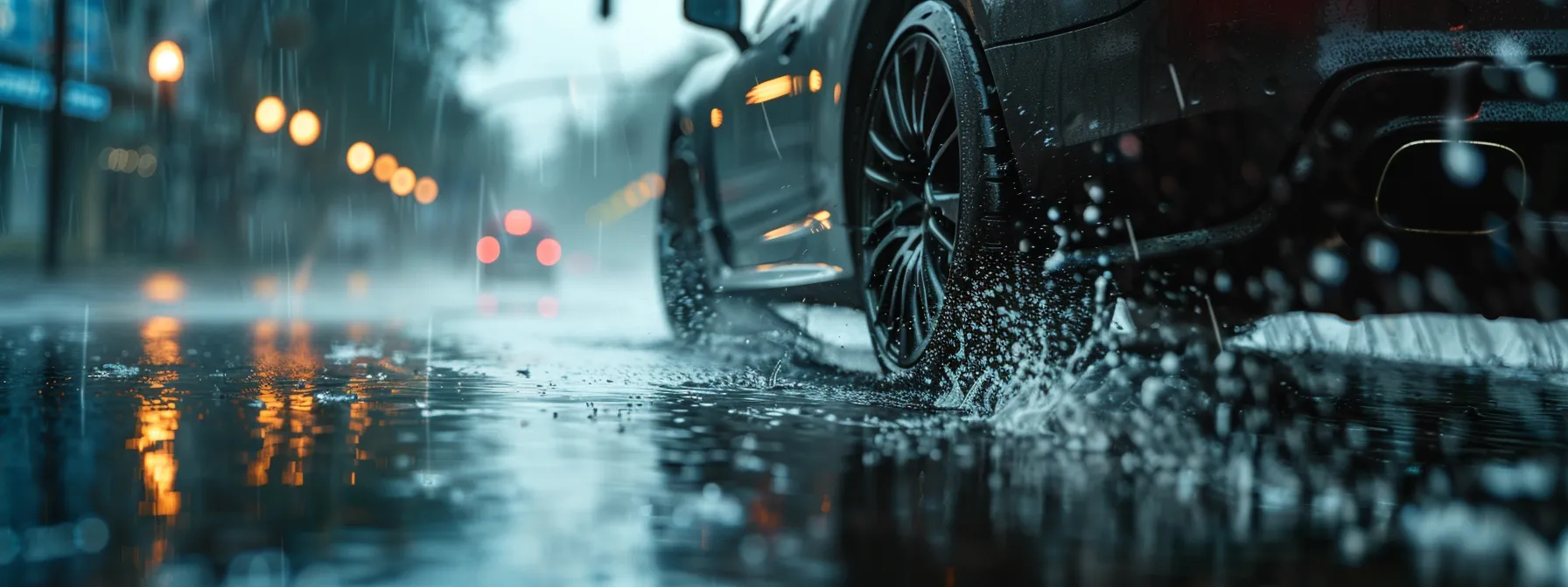 a car speeding down a rainy road, with worn-out brake components visible through the wheel, highlighting the impact of aggressive driving habits and harsh weather on brake failure.