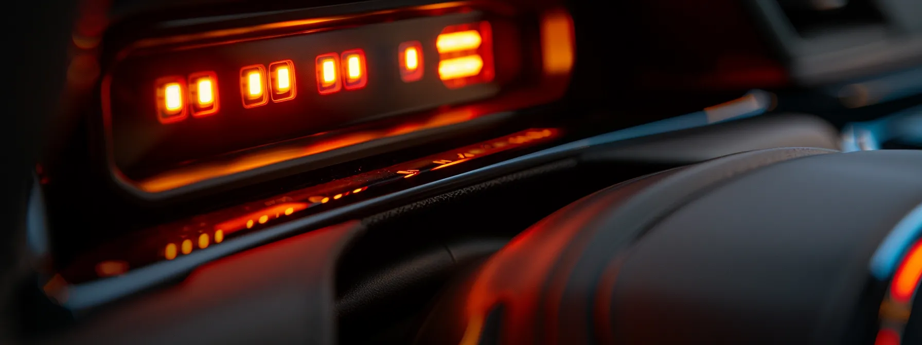 a close-up shot of a dashboard with a bright red brake warning light illuminated, signaling potential brake issues.