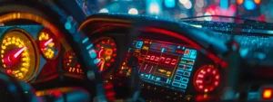 a close-up shot of a car dashboard with various colorful warning lights illuminated, creating a sense of urgency and confusion.