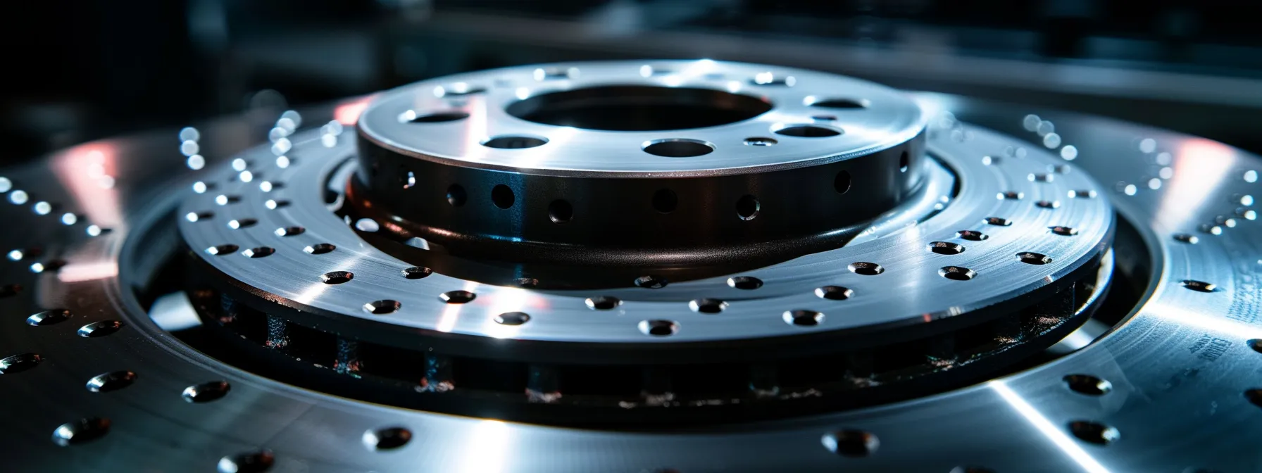 a close-up shot of high-performance brake pads and drilled rotors on a sleek sports car, showcasing enhanced stopping power and heat dissipation for optimized brake system performance.