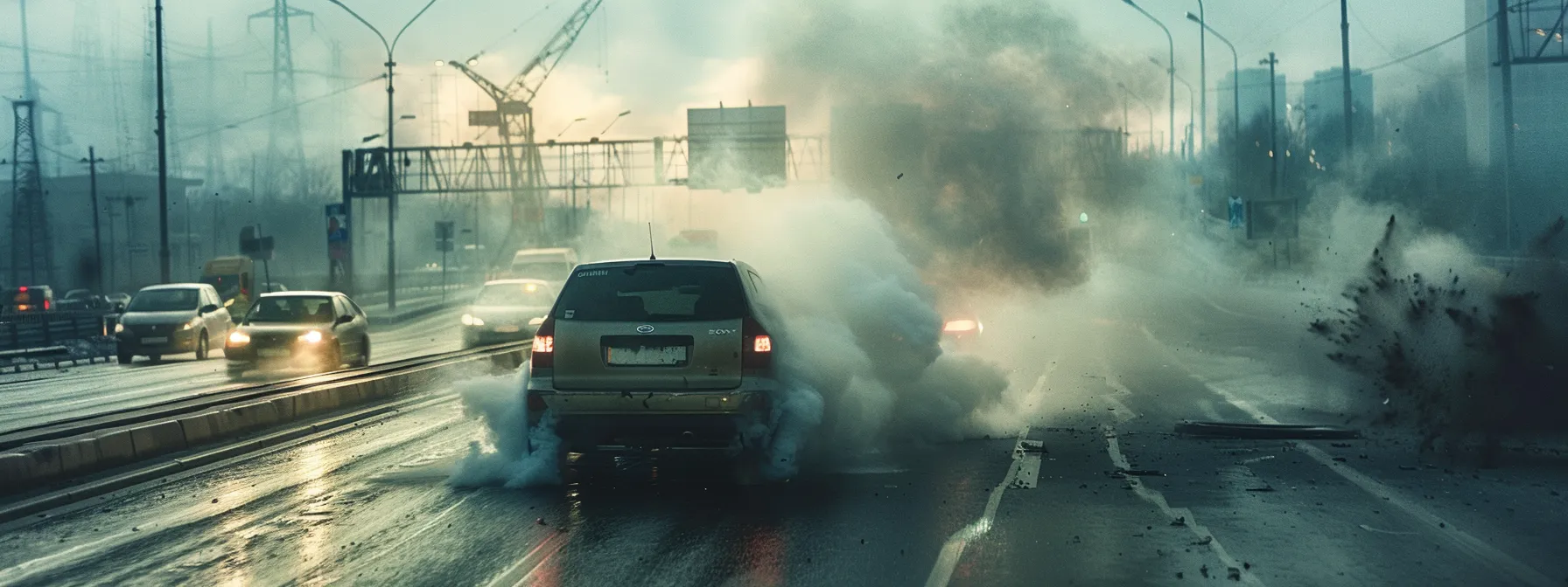 a damaged car with smoke coming out of its wheels, swerving dangerously on the road as other vehicles try to avoid a collision.