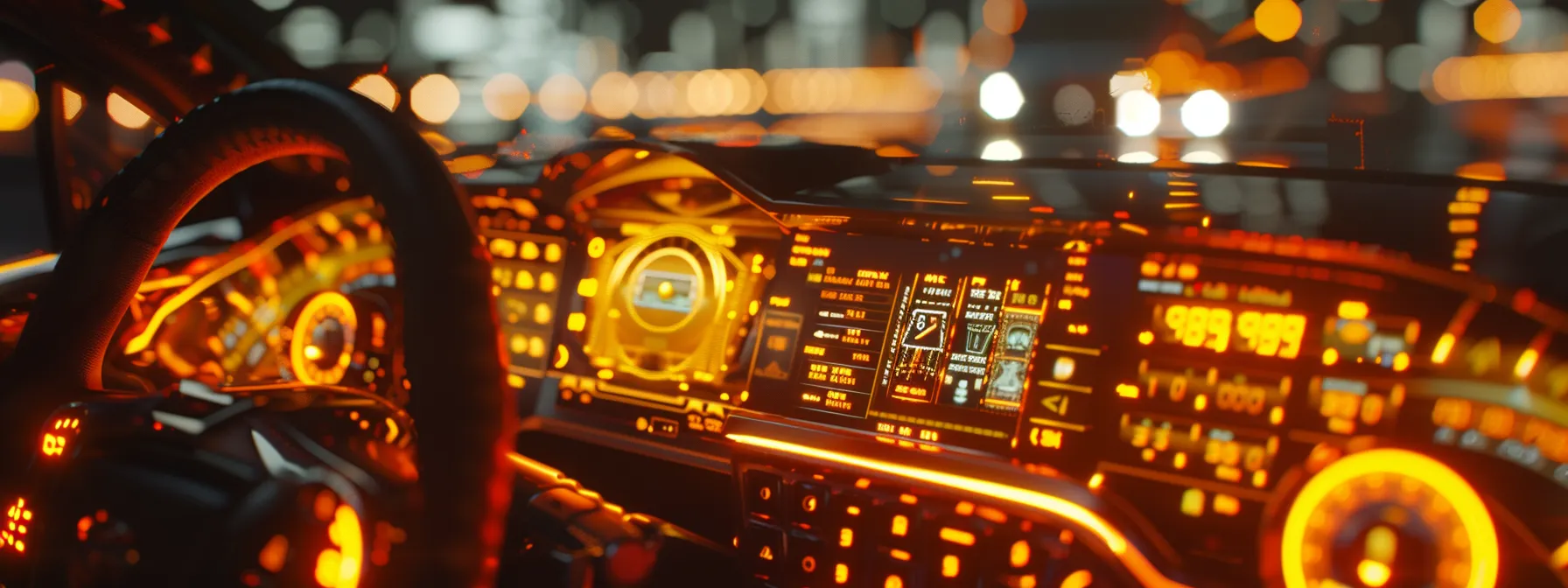 a dashboard illuminated by various amber warning lights signaling the need for caution and necessary checks.