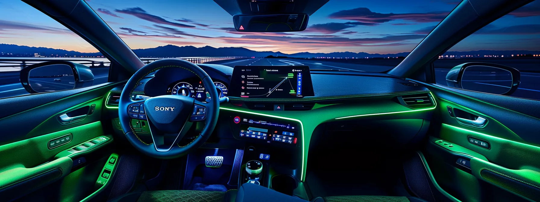 a dashboard illuminated with vibrant green and blue lights, featuring indicators for high beams, turn signals, cruise control activation, and lane keep assist.