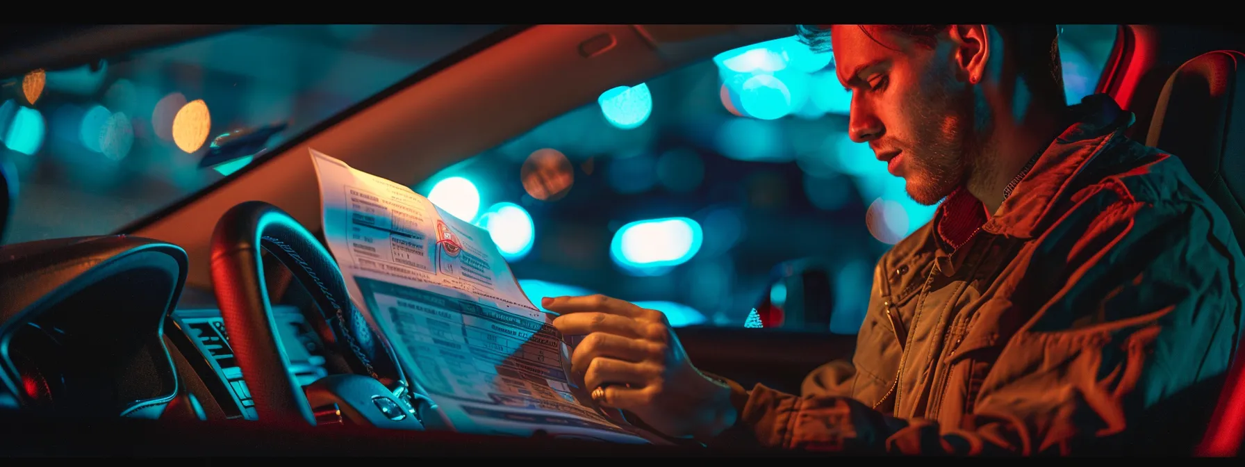 a driver consulting a thick vehicle manual under the hood next to a glowing dashboard warning light, with diagnostic tools scattered around, highlighting the urgency and importance of responding effectively to alerts.