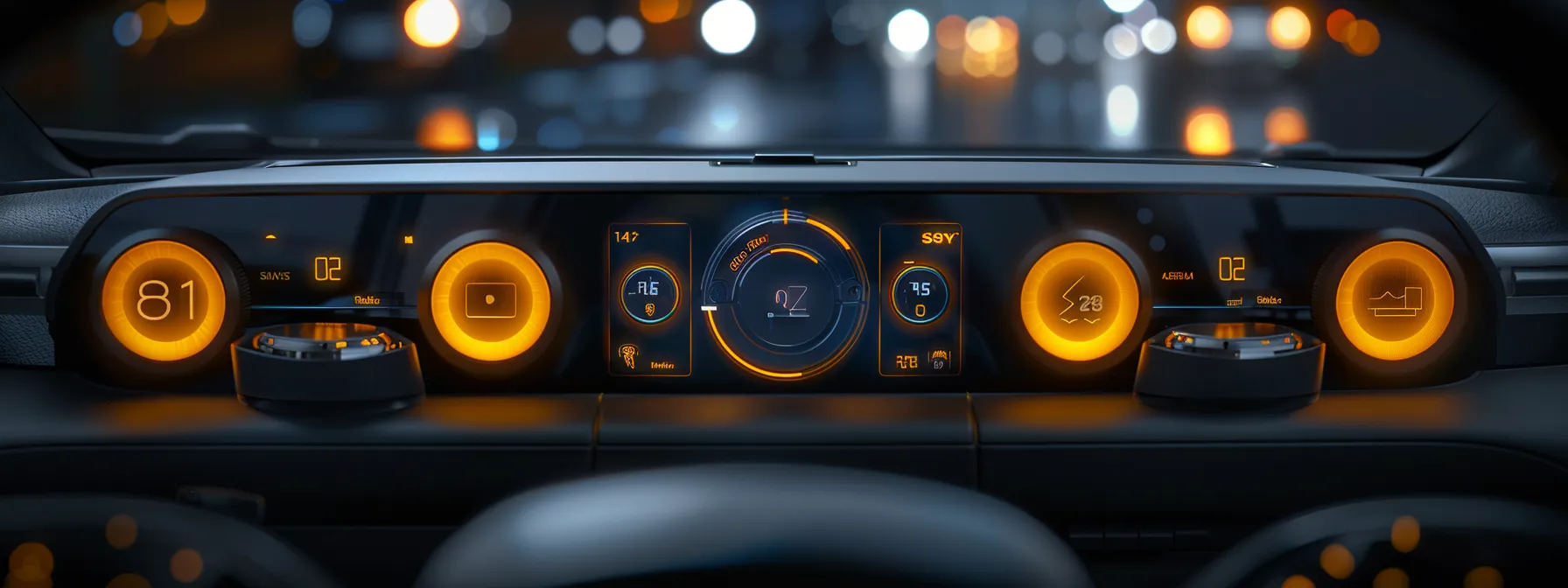 a focused dashboard with various warning lights illuminated, signaling potential vehicle issues for the driver to address.