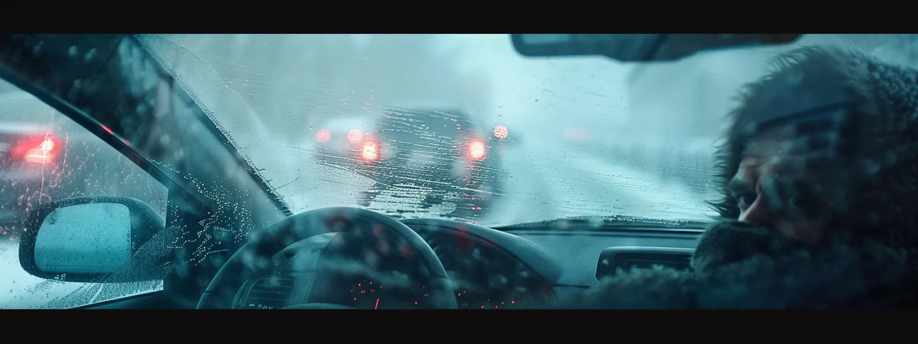 a frustrated driver peering through foggy car windows that stubbornly refuse to defrost properly on a cold winter morning.