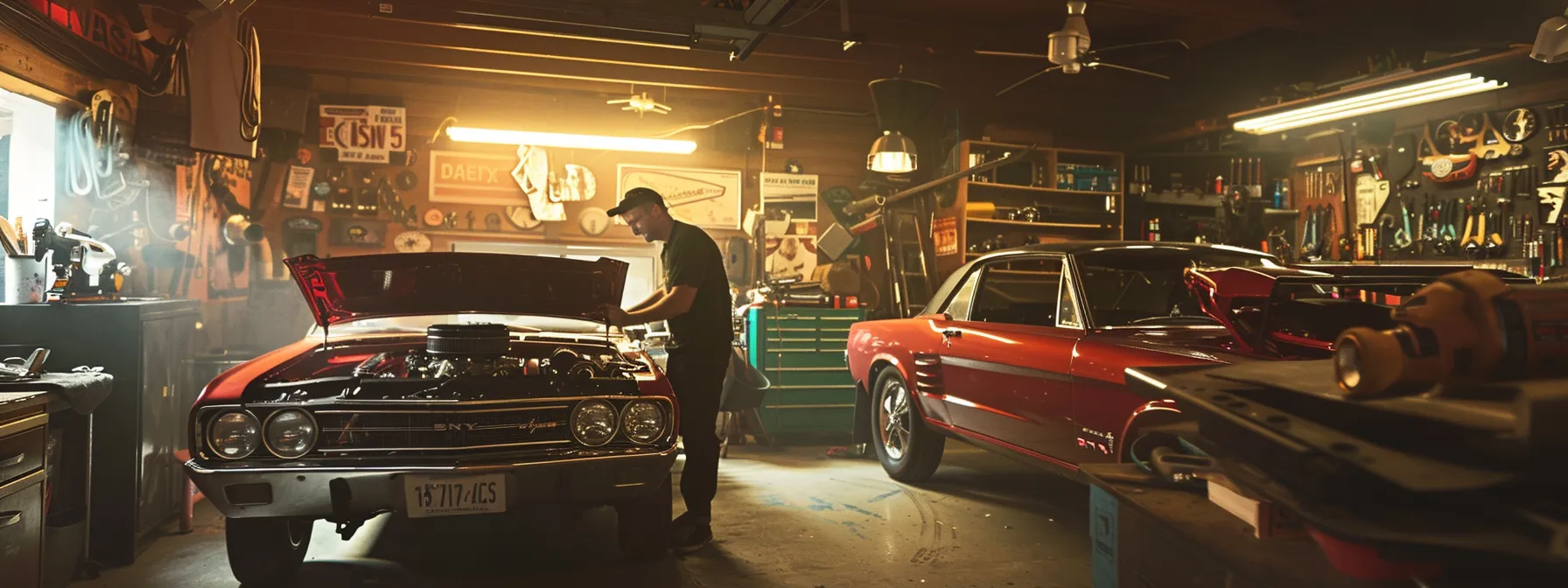 a mechanic carefully examining the clean air filter of a car engine, surrounded by tools and diagnostic equipment in a well-lit garage.