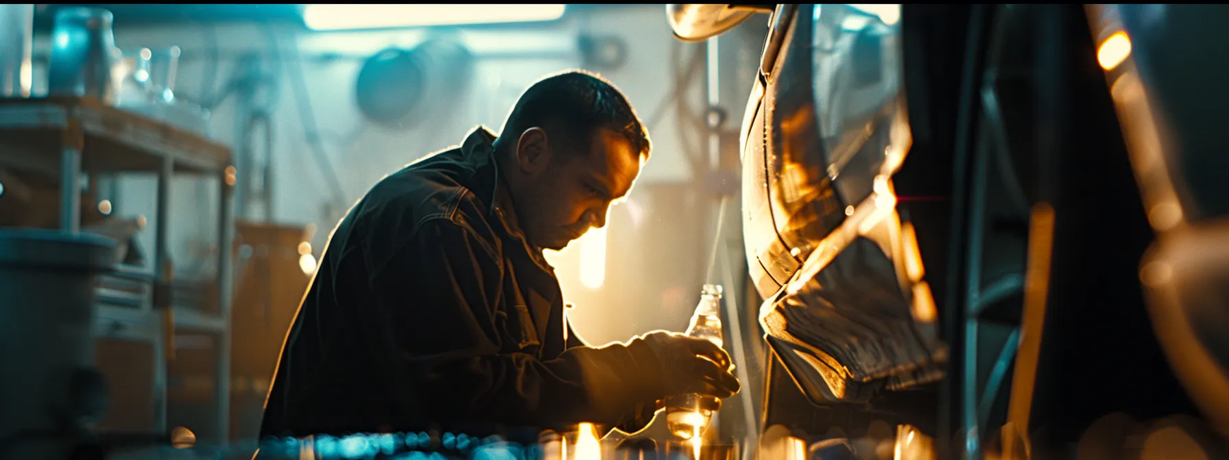 a mechanic carefully inspecting a worn brake pad next to a shiny rotor, with brake fluid and brake lines in the background.