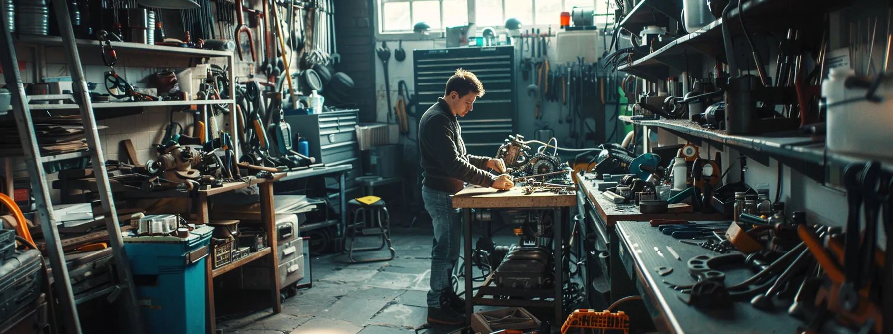 a mechanic carefully inspecting and replacing spark plugs in a well-lit garage, surrounded by tools and engine parts.