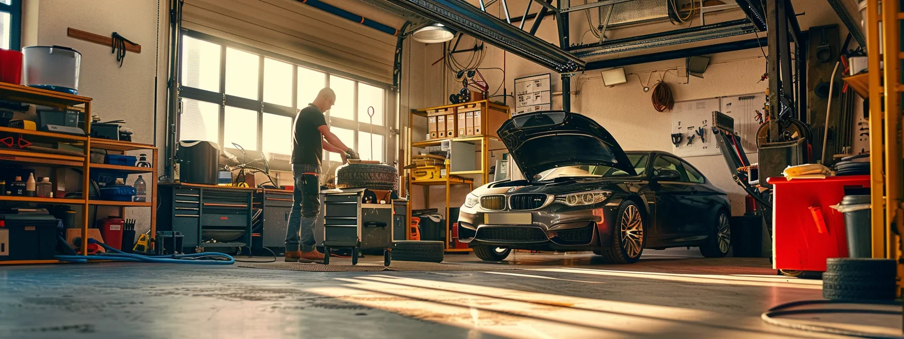 a mechanic changing the oil of a well-maintained car in a clean, well-lit garage.