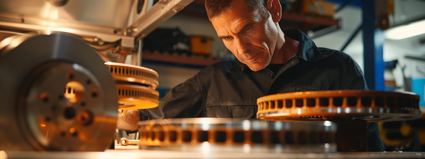 a mechanic examining a set of top-quality, shiny brake pads, showcasing the importance of using high-quality brake components for optimal performance and safety.