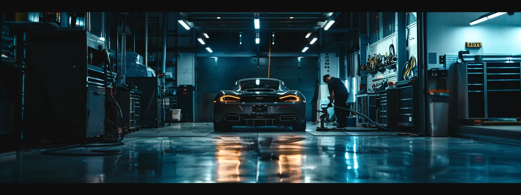 a mechanic expertly performing an oil change on a sleek, well-maintained car in a clean and organized garage.