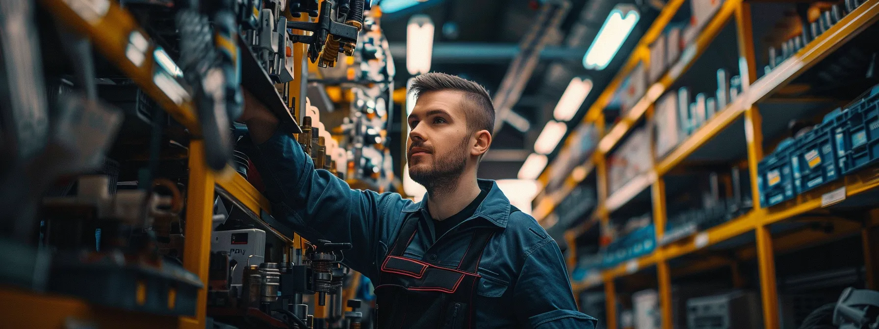 a mechanic holding up a car part, surrounded by shelves of approved parts and fluids in a well-lit auto repair shop.