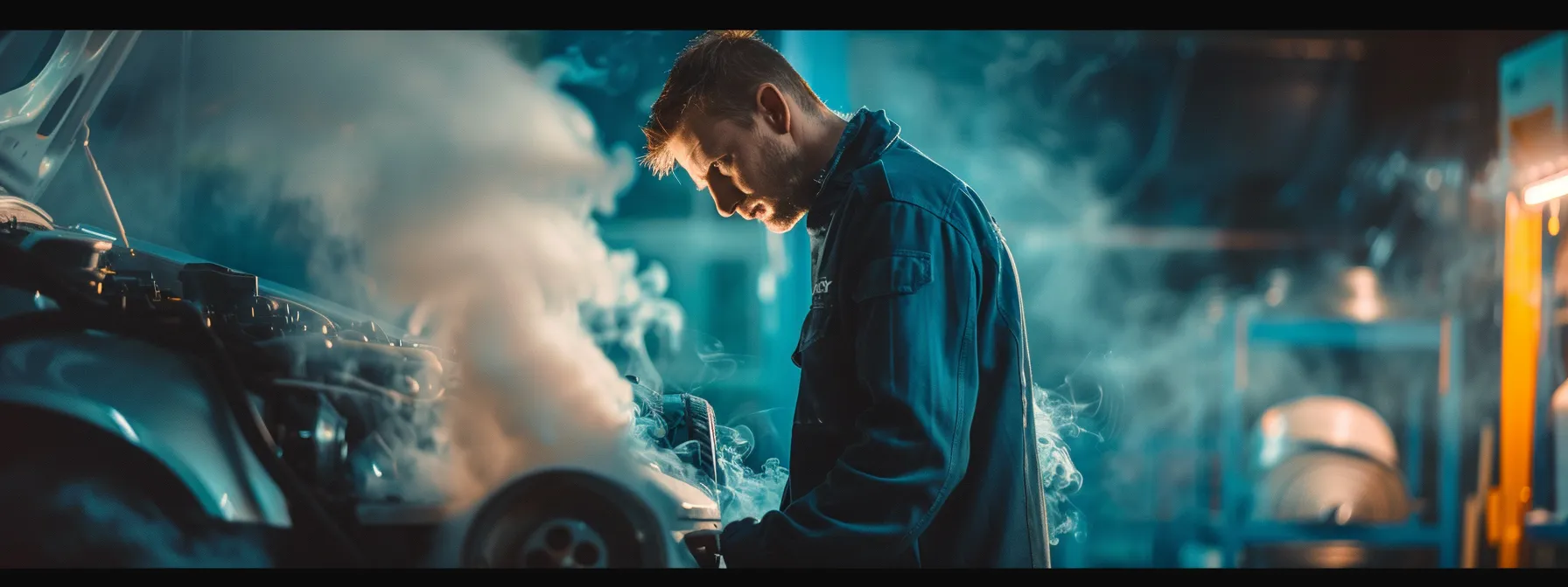 a mechanic inspecting a car's brake system, with a concerned expression, as smoke rises from the overheated brakes.