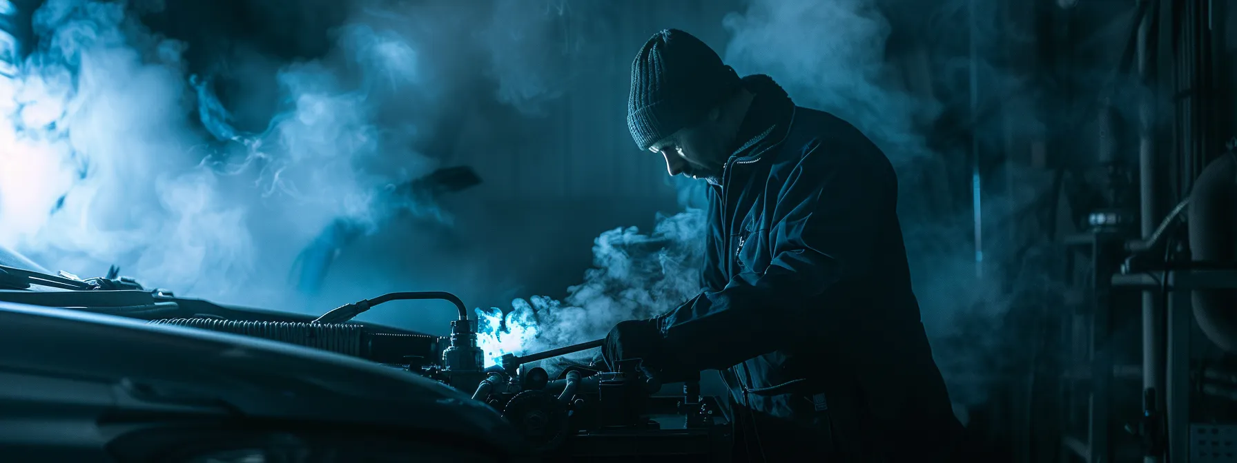 a mechanic inspecting a car's heater system, surrounded by a cloud of steam and emitting a distinct whirring sound.