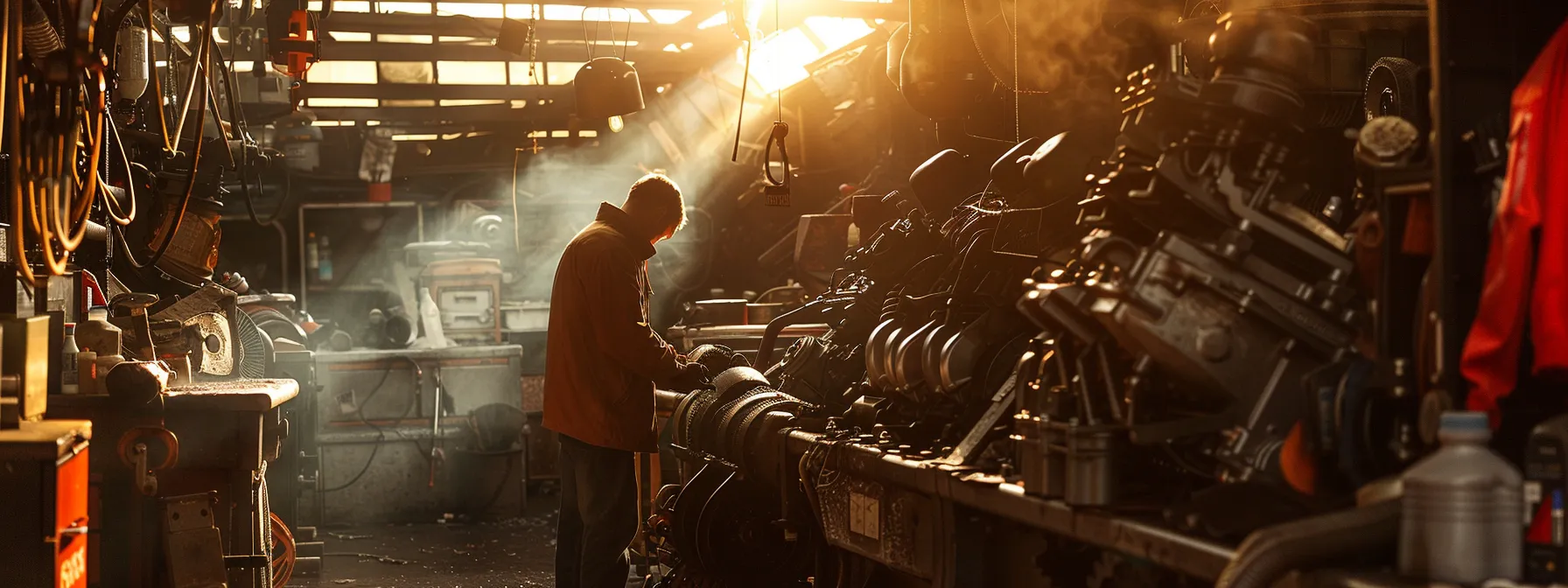 a mechanic inspecting a well-used engine under harsh lighting to determine the optimal oil change interval for peak performance.