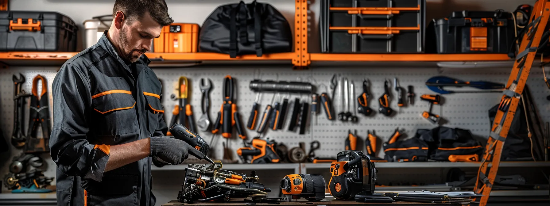 a mechanic meticulously inspecting an engine with precision tools in a well-equipped garage.