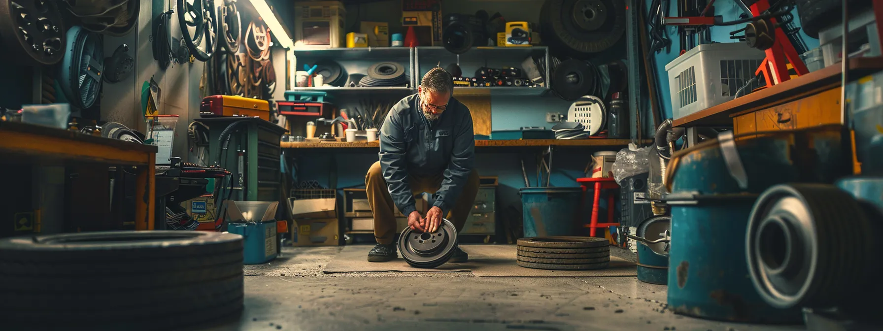 a mechanic meticulously inspecting and replacing worn brake components in a well-lit garage setting.