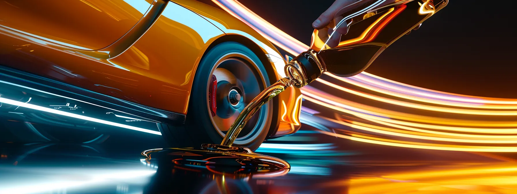 a mechanic pouring high-quality synthetic oil into a sleek sports car engine, emphasizing performance and care for vehicle maintenance.